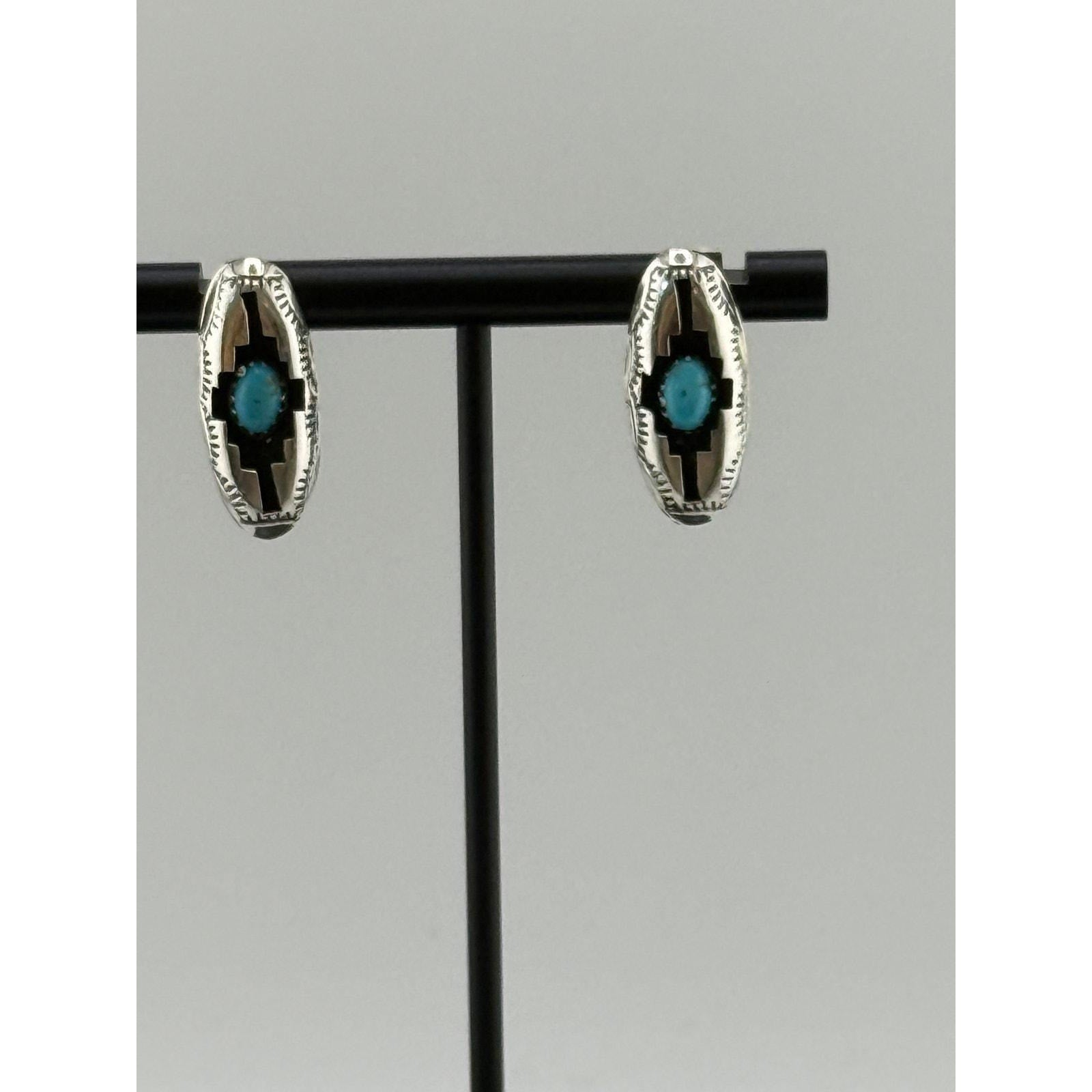 Navajo Felix Perry Handmade Silver Turquoise Post Shadowbox Earrings