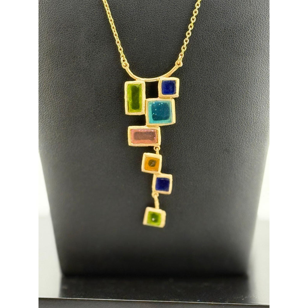 Michael Vincent Michaud 18K Gold Plated Mosaic Drop Pendant Necklace