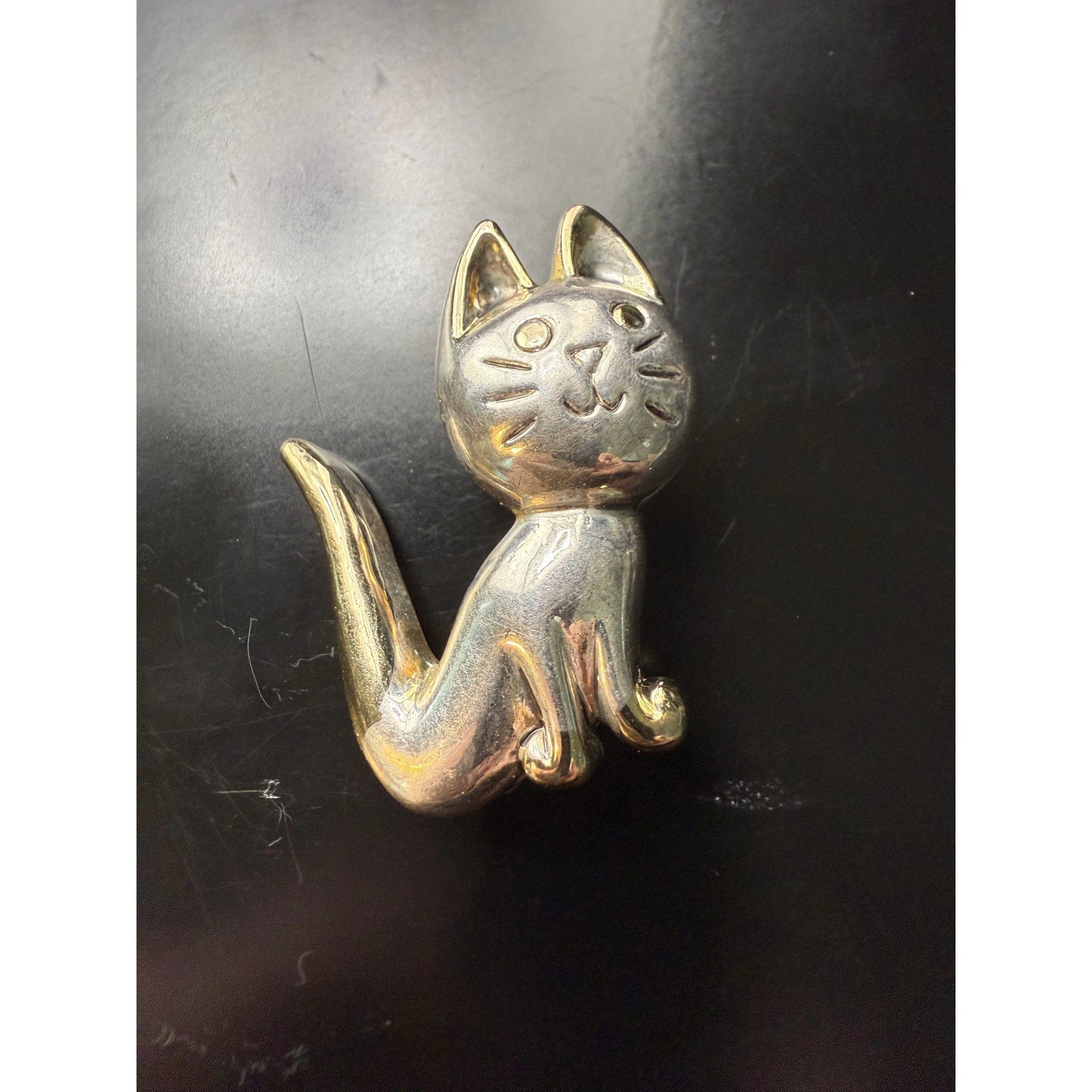 Silver Plated Cat Brooch or Pendant 1990s Signed