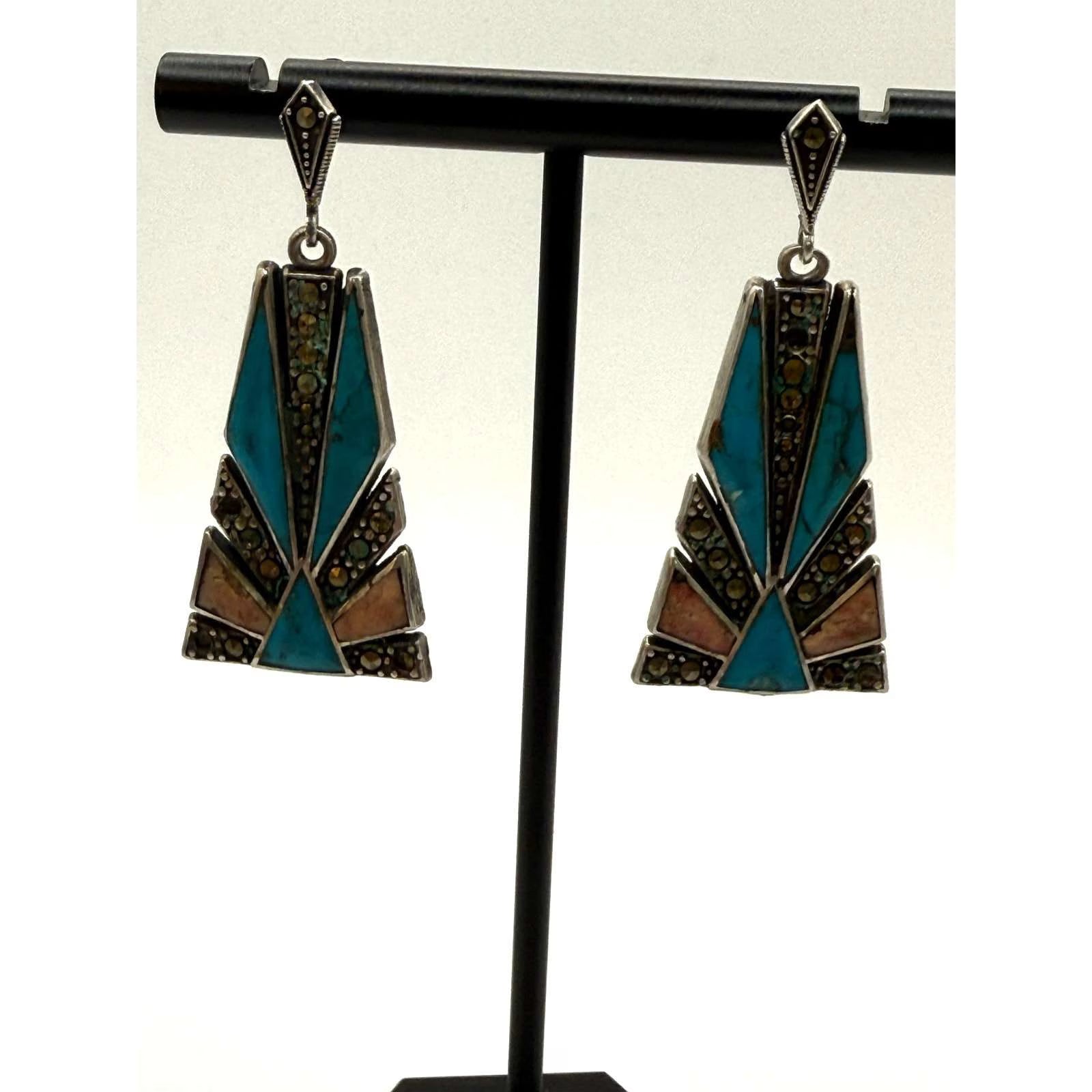 Vintage 925 Sterling Silver Marcasite Turquoise Earrings