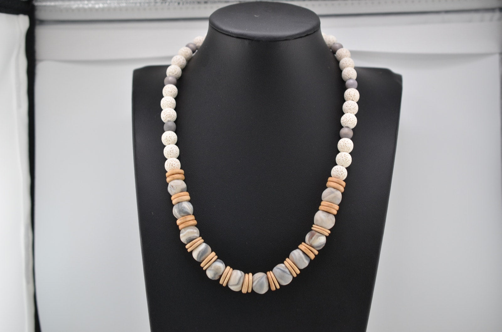 Navajo Handmade Sea Coral, Femo-Driftwood-Wooden Beads 18" Necklace