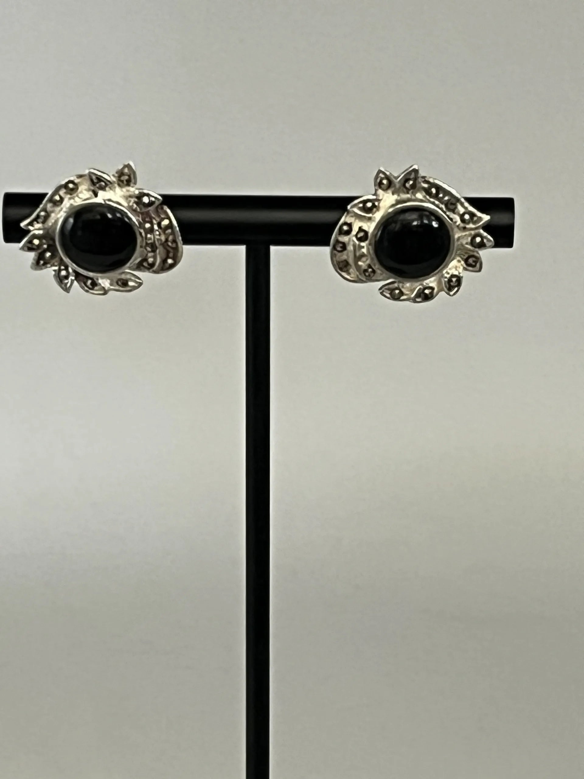 Vintage 925 Sterling Silver Marcasite Onyx Earrings