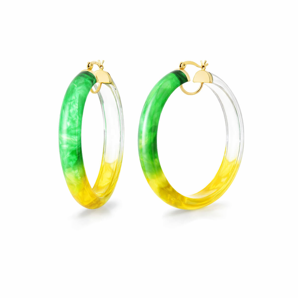 Gold & Honey Tie Dye Lucite Hoops in Green & Yellow
