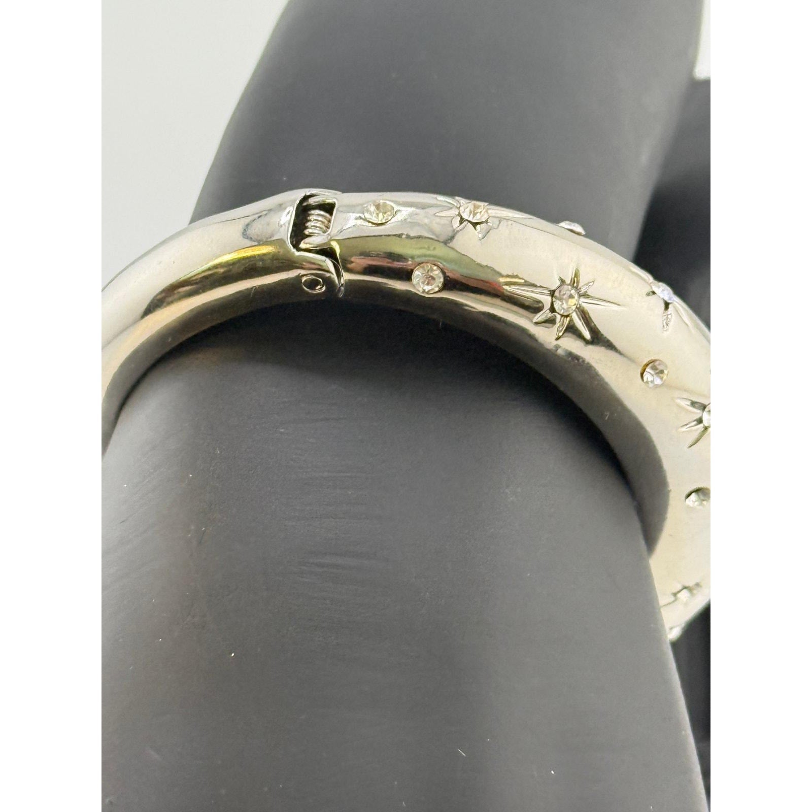 Vintage Silver Tone Rhinestone Domed Hinged Bracelet