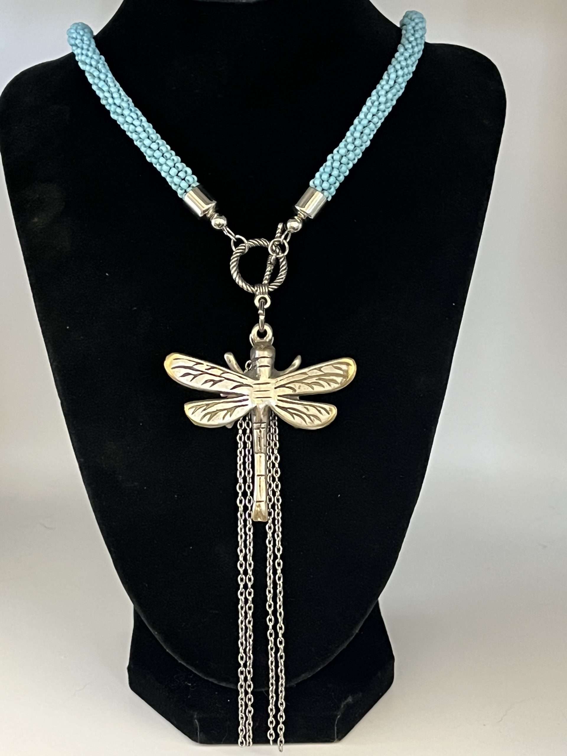 Vintage Dragonfly Pendant Necklace, Turquoise- colored Glass Beaded Rope