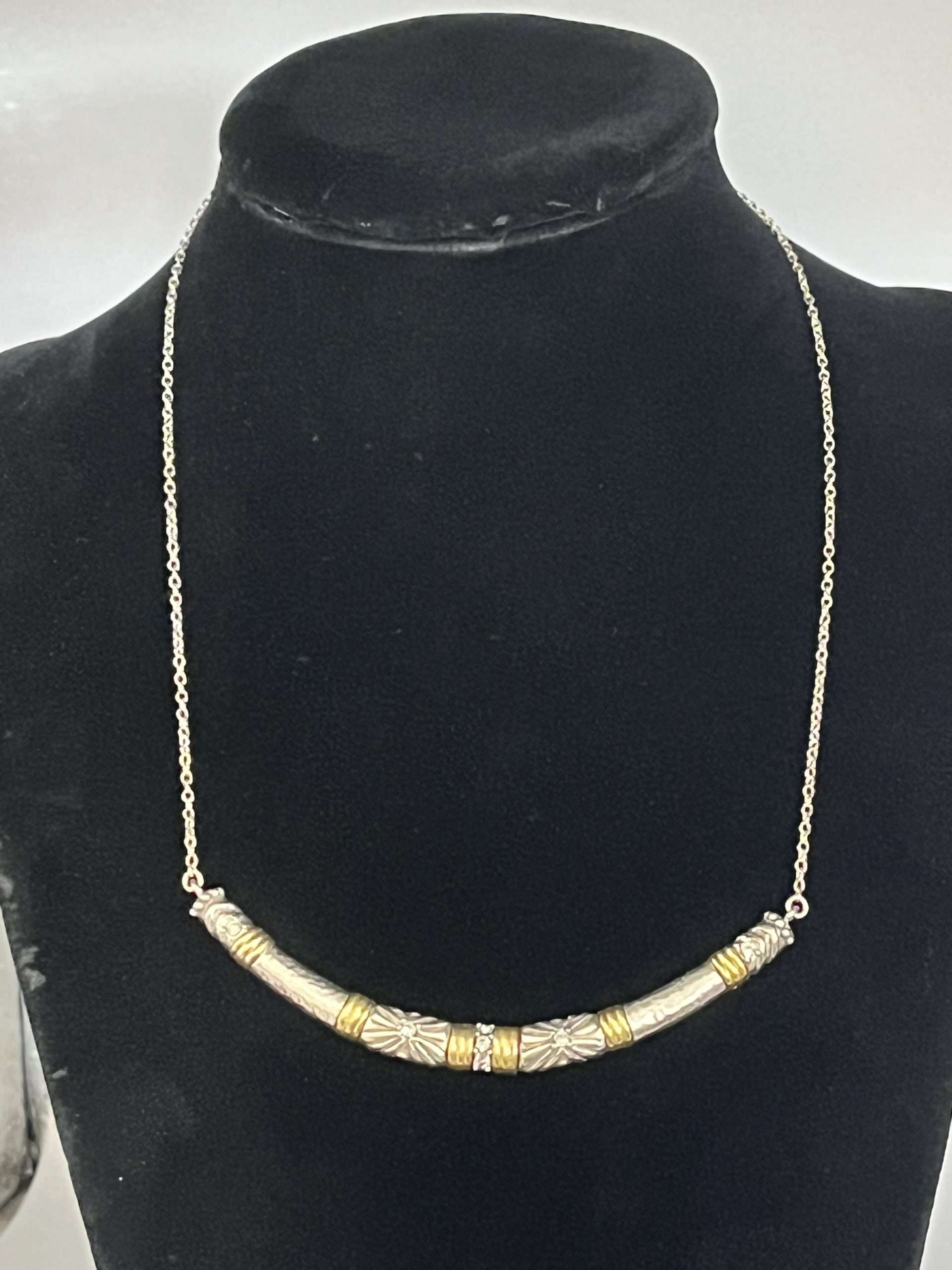 Silpada Sterling Etched Brass "Canyon Dreams" CZ Curved Necklace
