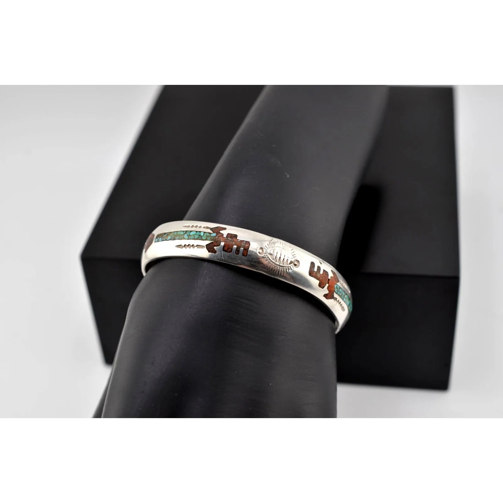 Navajo Turquoise and Coral Bracelet Marked Gilbert Ortega Shops