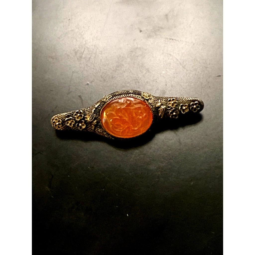 Vintage Carved Carnelian Sterling Silver Brooch