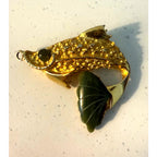 Vintage Signed Hobe Jade Gold Tone 1940's Fish Brooch/Pendant