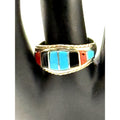 Zuni Inlaid Turquoise Coral Sterling Silver Ring Size 8.5