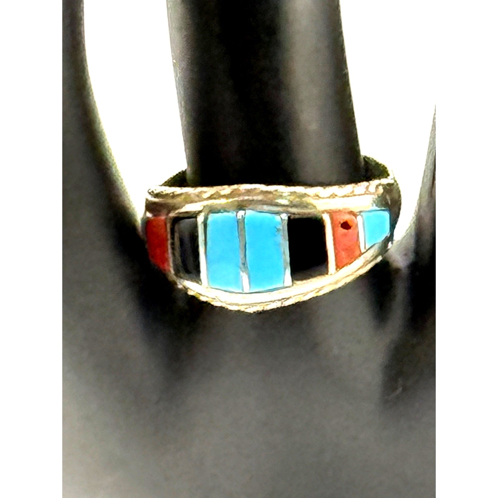 Zuni Inlaid Turquoise Coral Sterling Silver Ring Size 8.5
