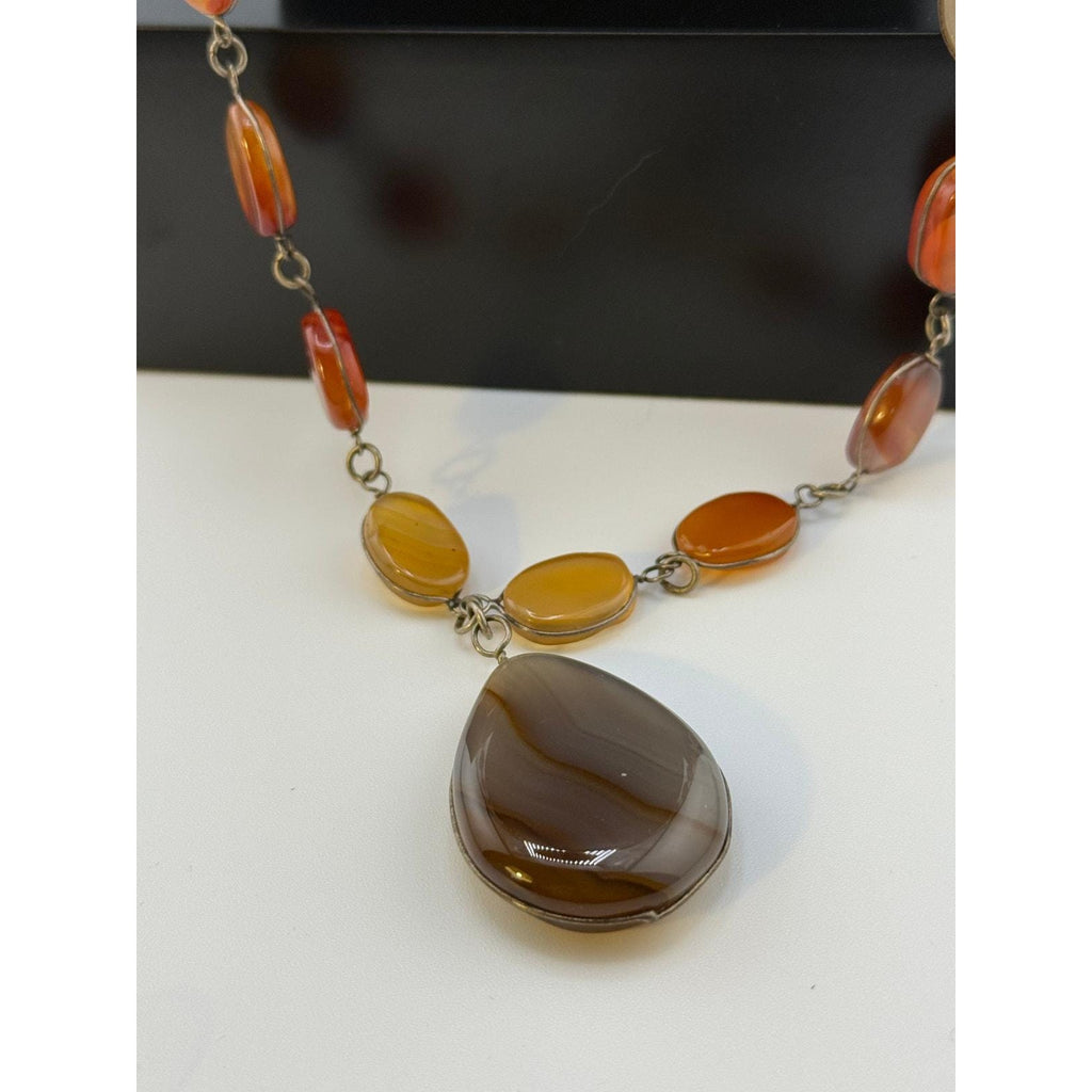 Vintage Brass, Agate Stone Long Necklace