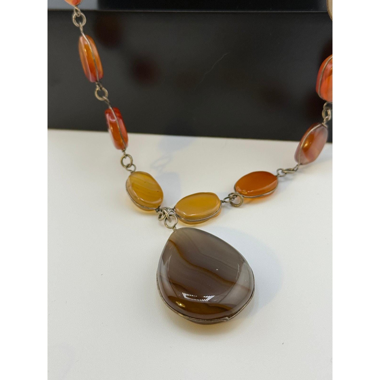 Vintage Brass, Agate Stone Long Necklace