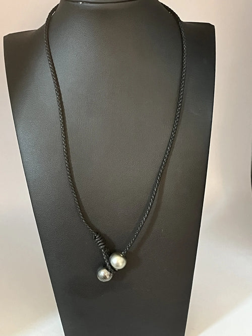 Black Tahitian Twin Pearl Leather Lariat Necklace 18 Inches