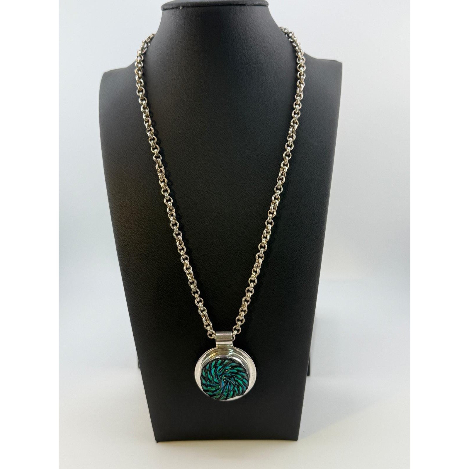 Vintage Abalone Swirl 925 Sterling Silver Pendant Necklace