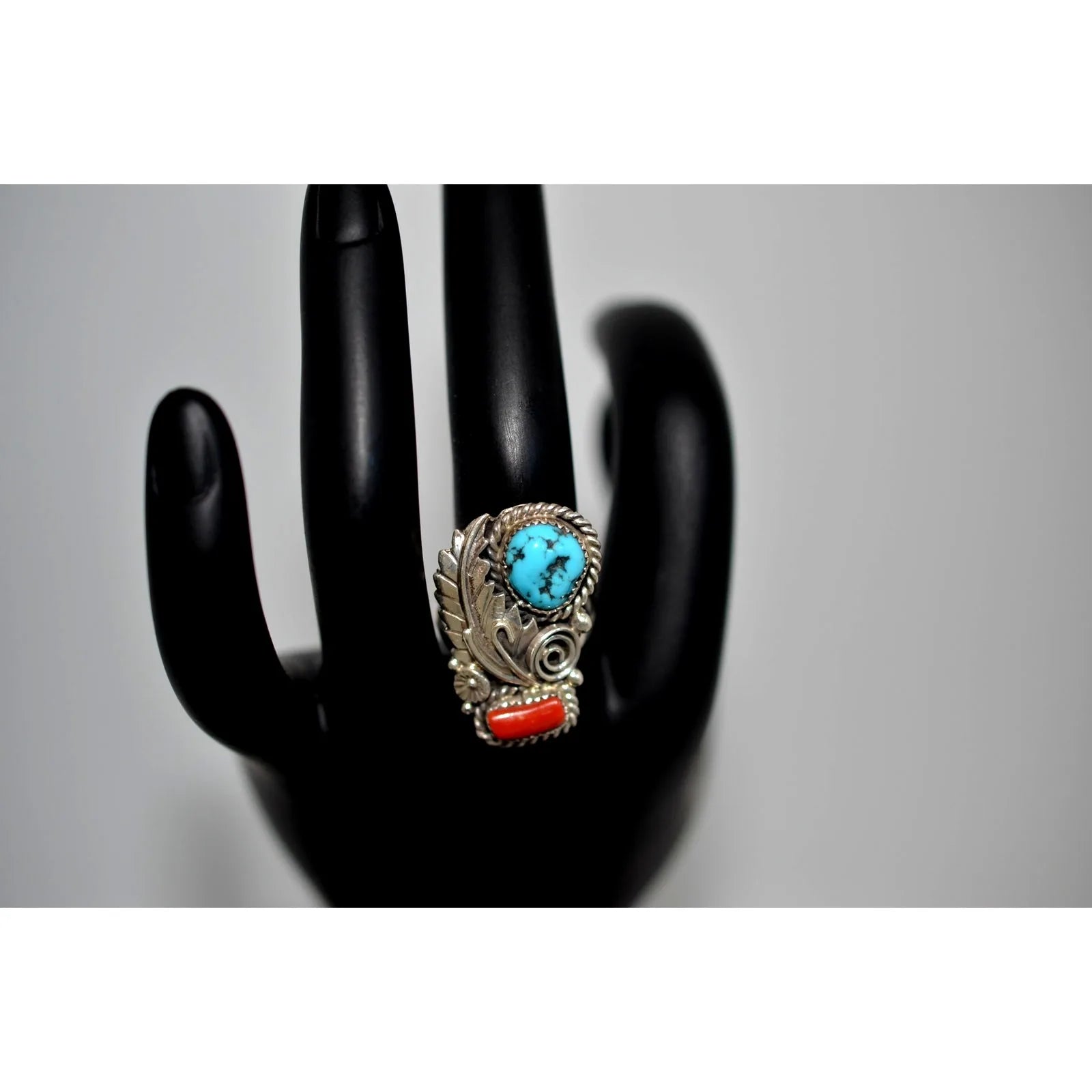 Native America Navajo Sterling Silver Coral & Turquoise Ring By Lorraine Spencer