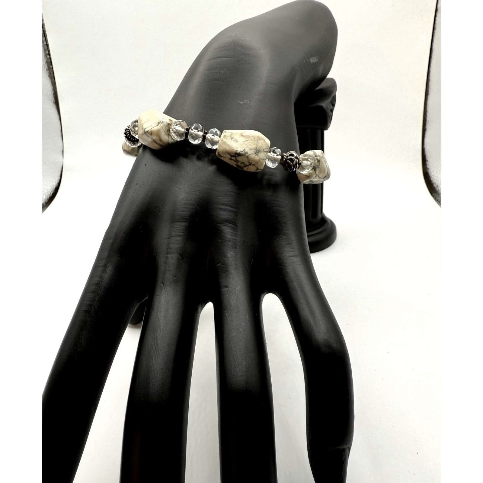 Vintage 925 Sterling Silver Howlite Beaded Bangle Bracelet