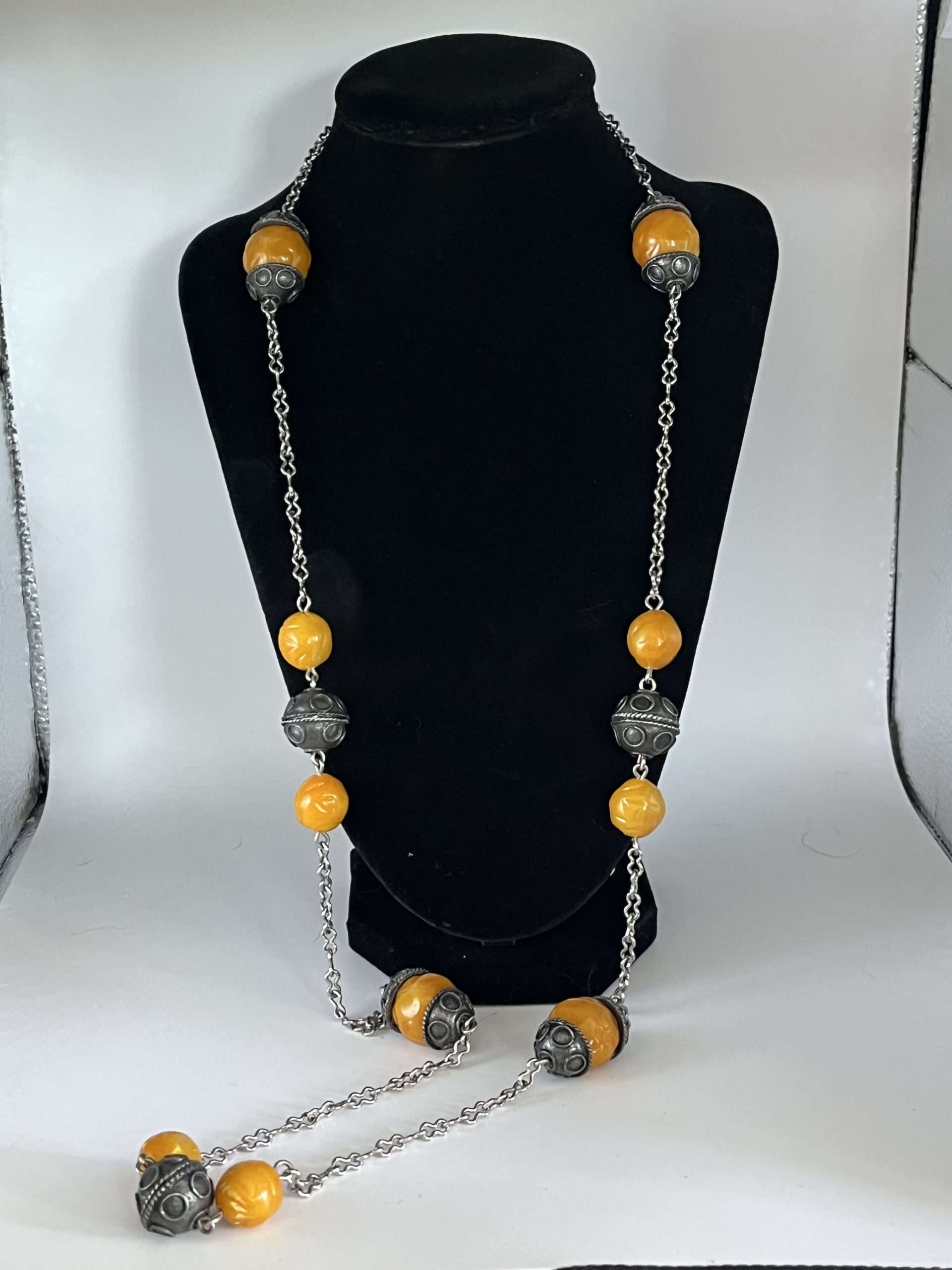 Vintage Ethnic Silver and Egg Yolk Amber Resin (Faturan) Beaded Necklace
