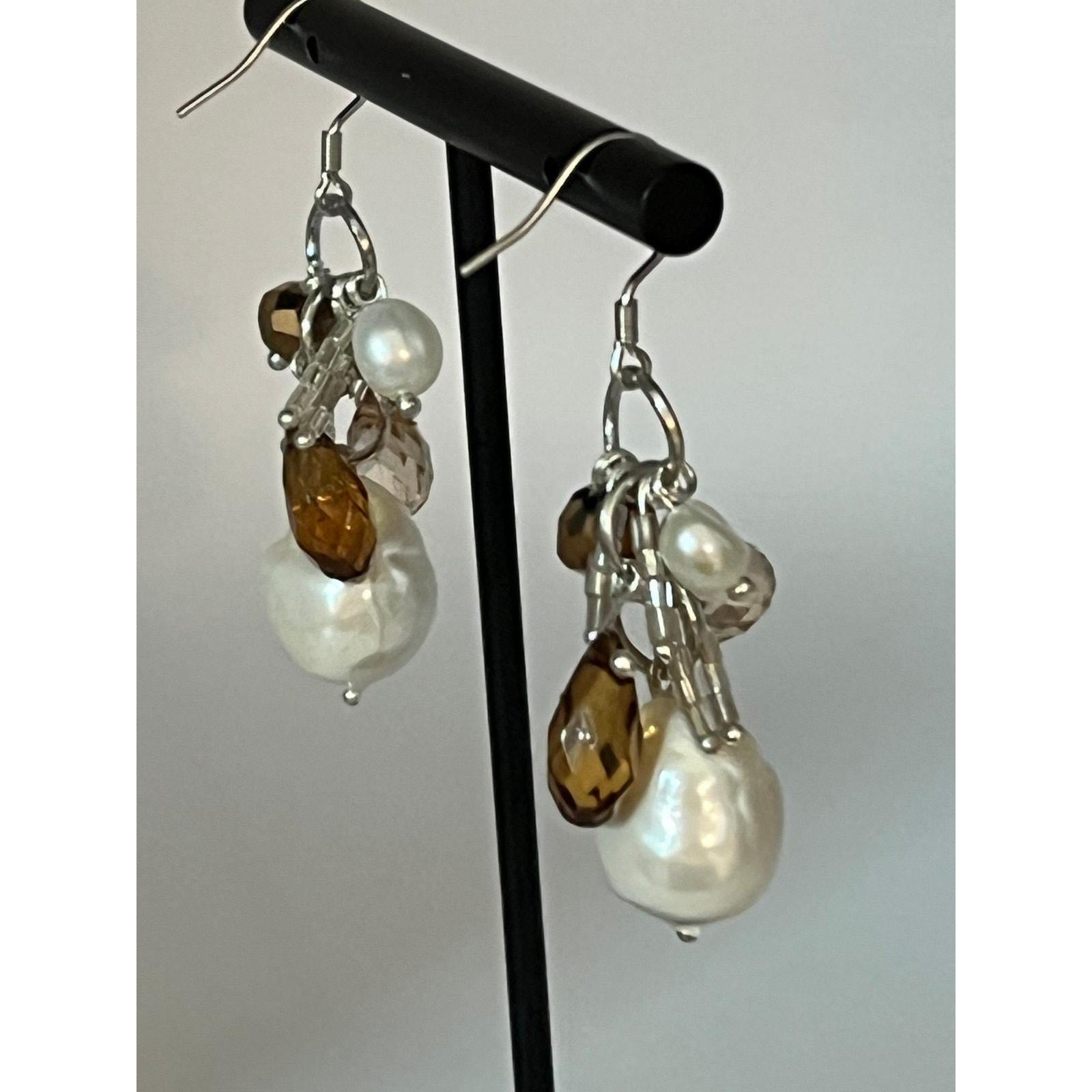 Freshwater pearls, faceted beads and briolettes earrings sterling silver hooks