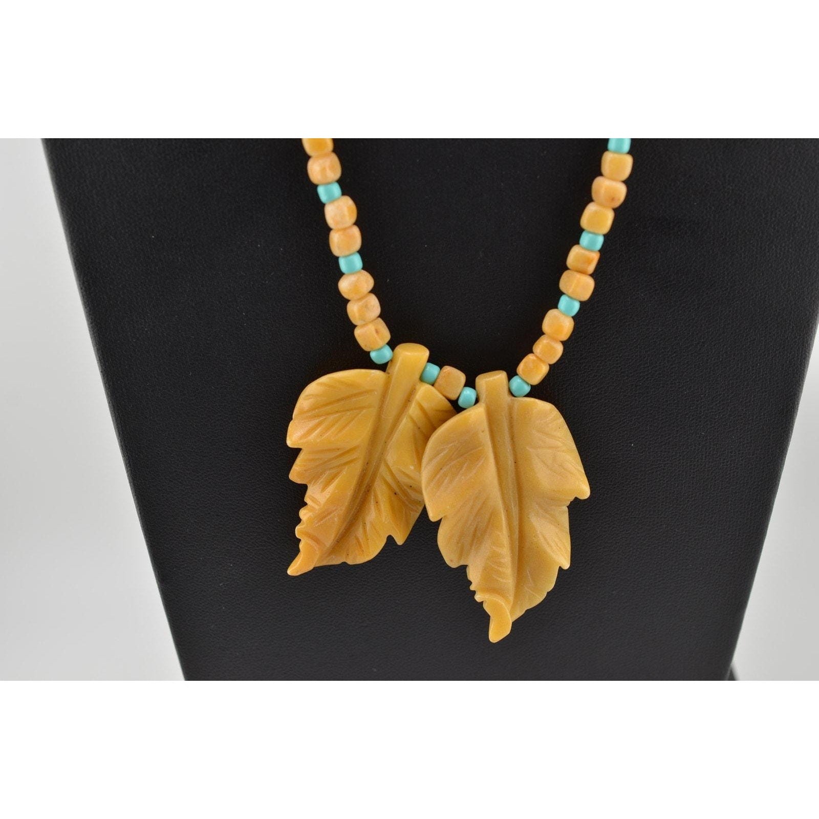 Navajo Mary W. Roanhorse Carved Quartz Leaf Pendant Necklace