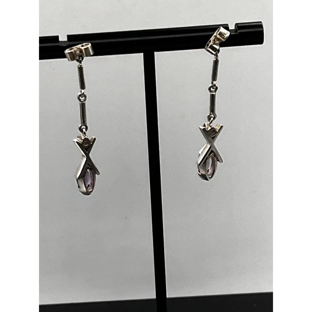 Vintage 925 Sterling Silver Amethyst CZ Dangle Earrings