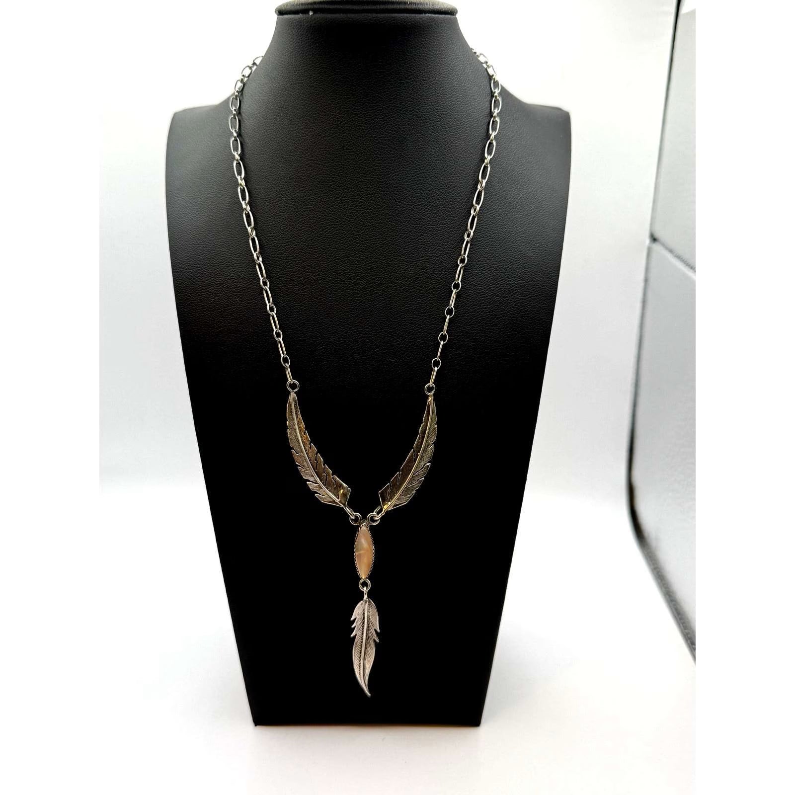 Vintage 925 Sterling Silver Feather Opal Pendant Necklace