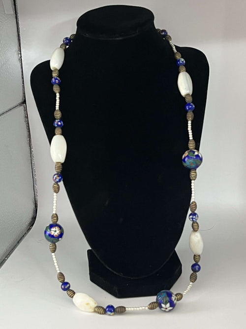 Hand Painted Porcelain Bead and White Stone Necklace