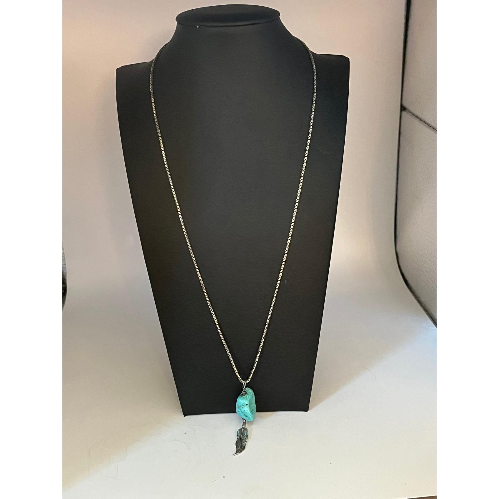 Sterling silver turquoise nugget feather pendant chain necklace