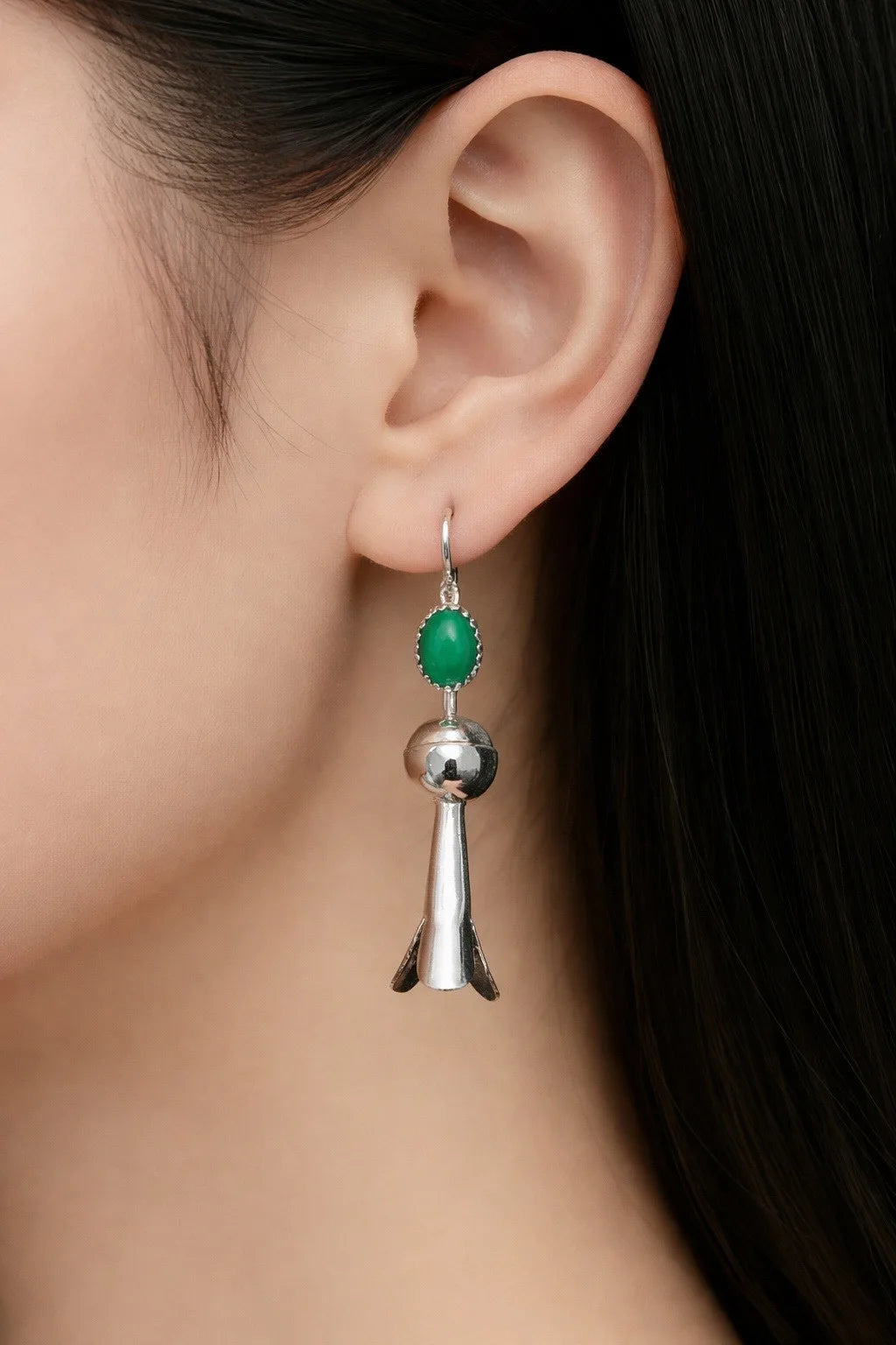 Navajo Emily Tsosie Sterling Silver Malachite Blosso Dangling Earrings