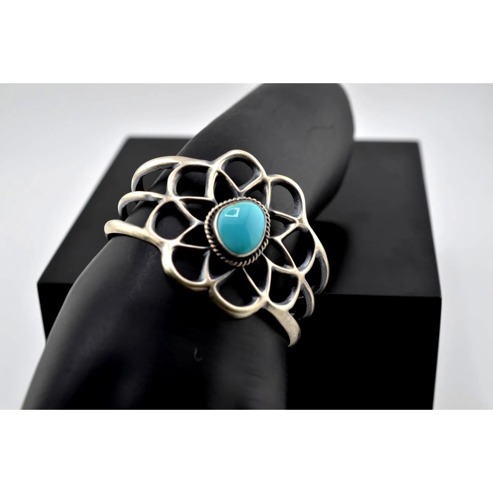 Navajo Sterling Silver Turquoise Flower Design Bracelet Cuff By Eugene Gruber