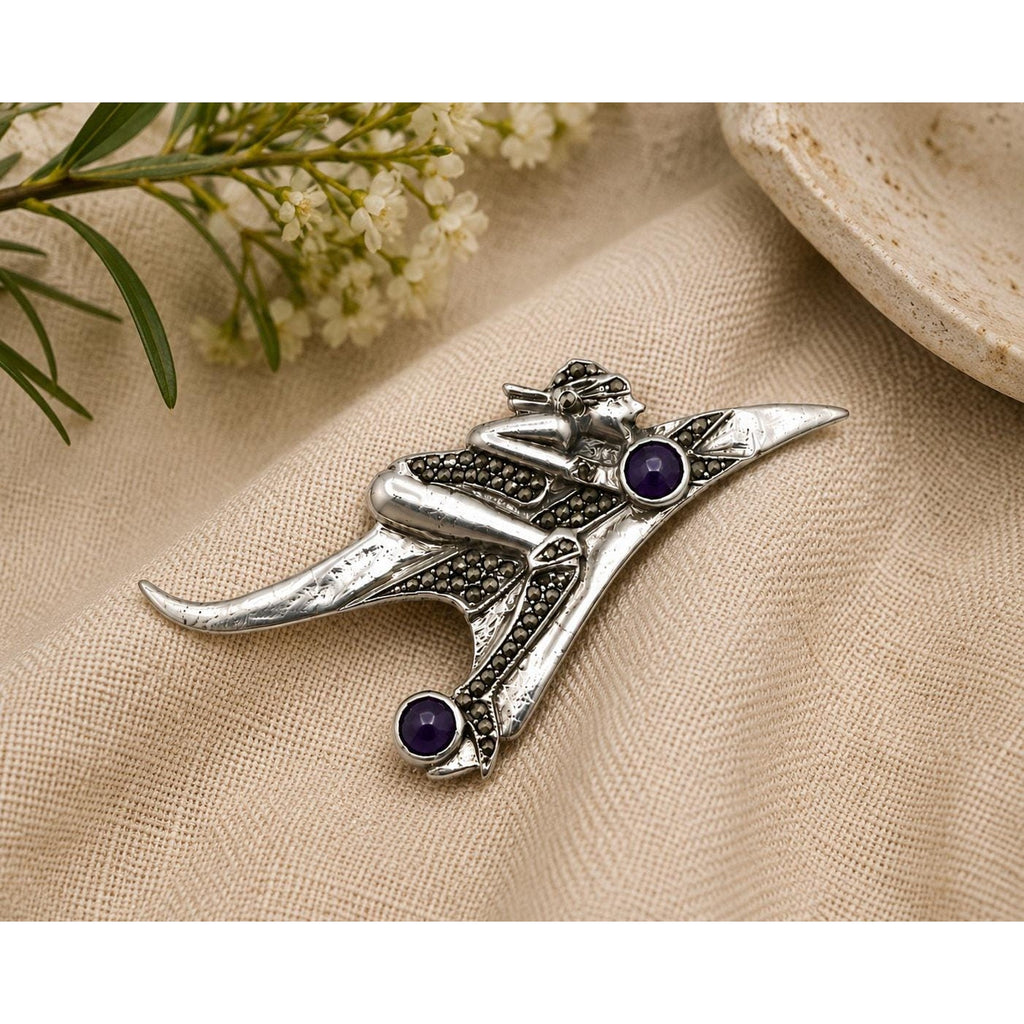 Woman Biker Crotch Rocket Motorcycle 925 Sterling Marcasite Brooch