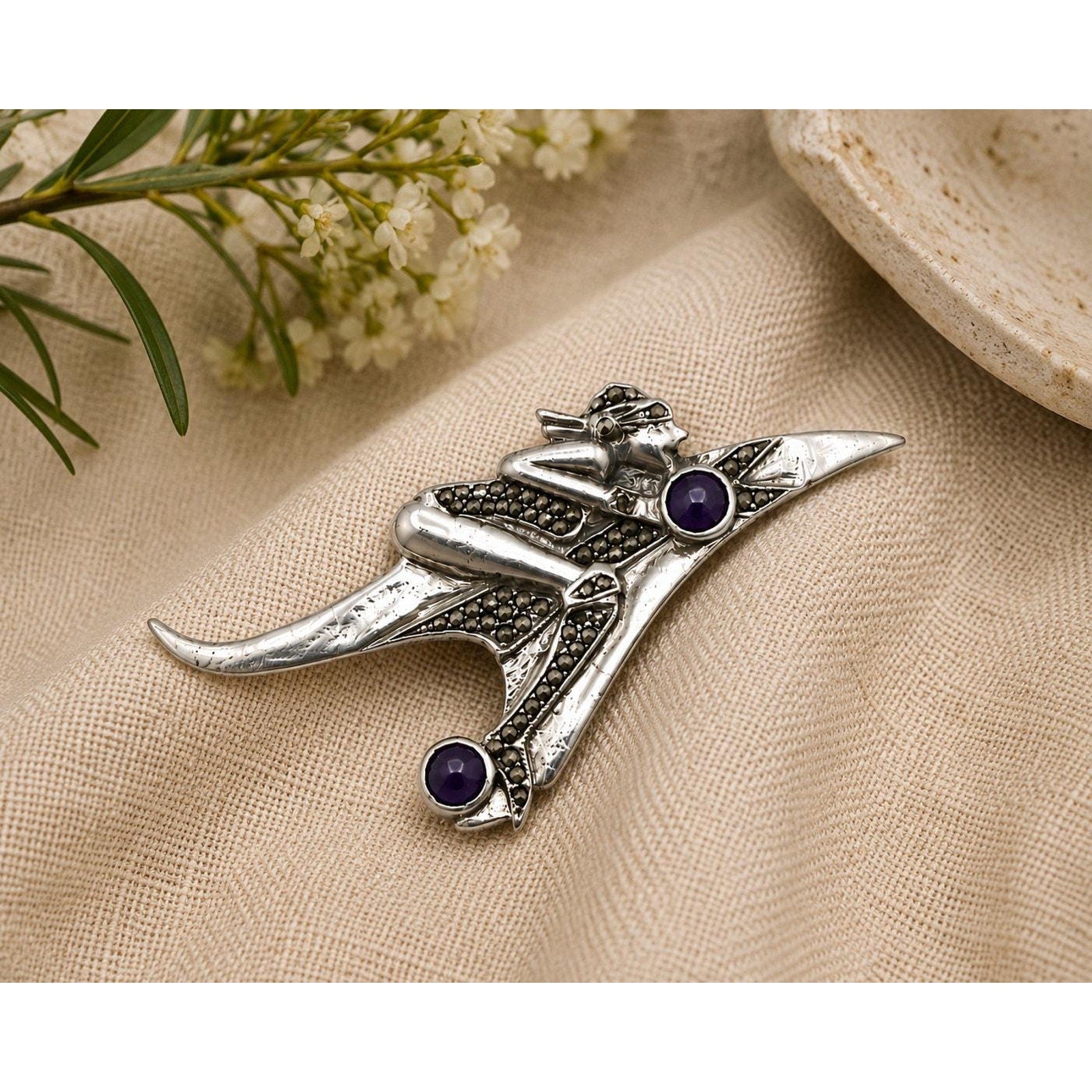 Woman Biker Crotch Rocket Motorcycle 925 Sterling Marcasite Brooch