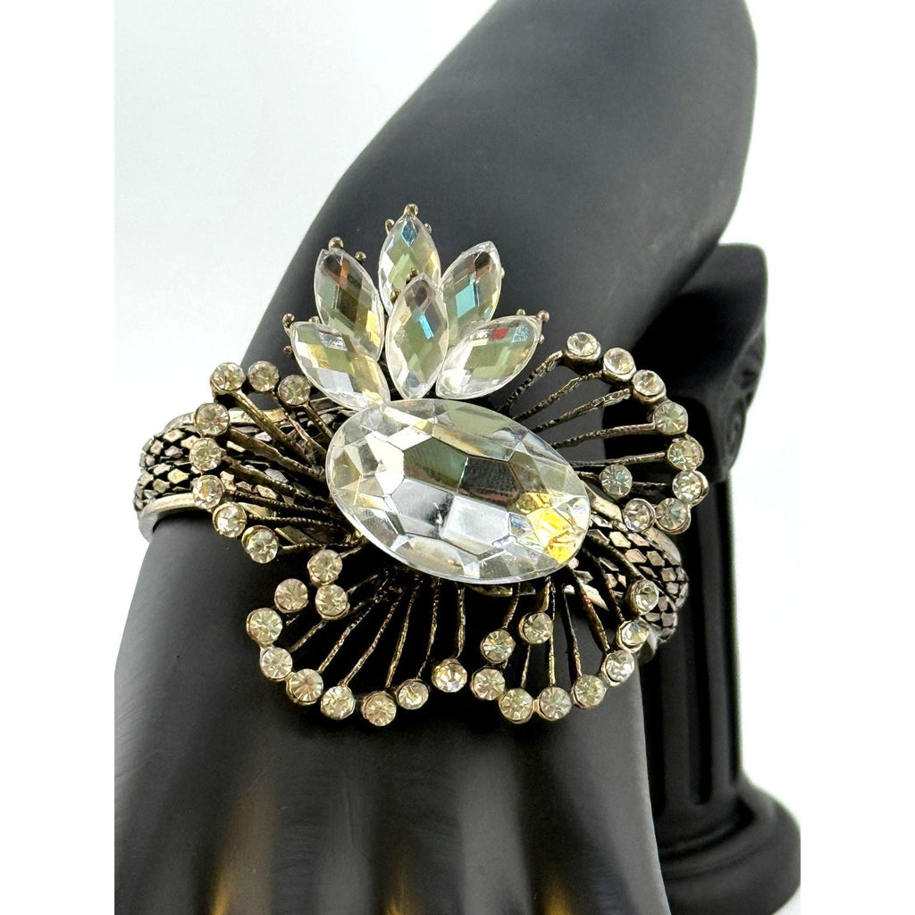 Vintage Sterling Silver Raised Rhinestone Flair Hinged Bracelet