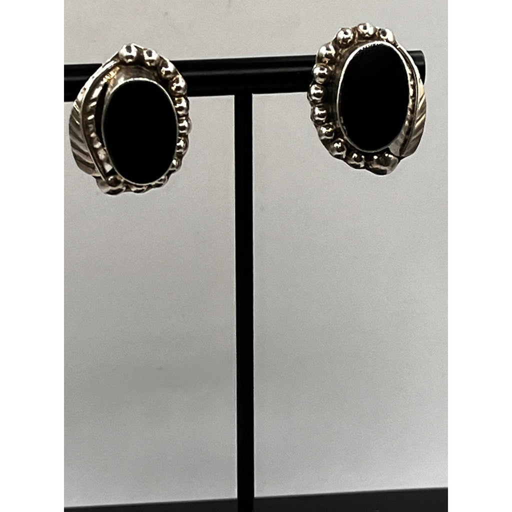 Vintage 925 Sterling Silver Onyx Cabochon Stud Earrings