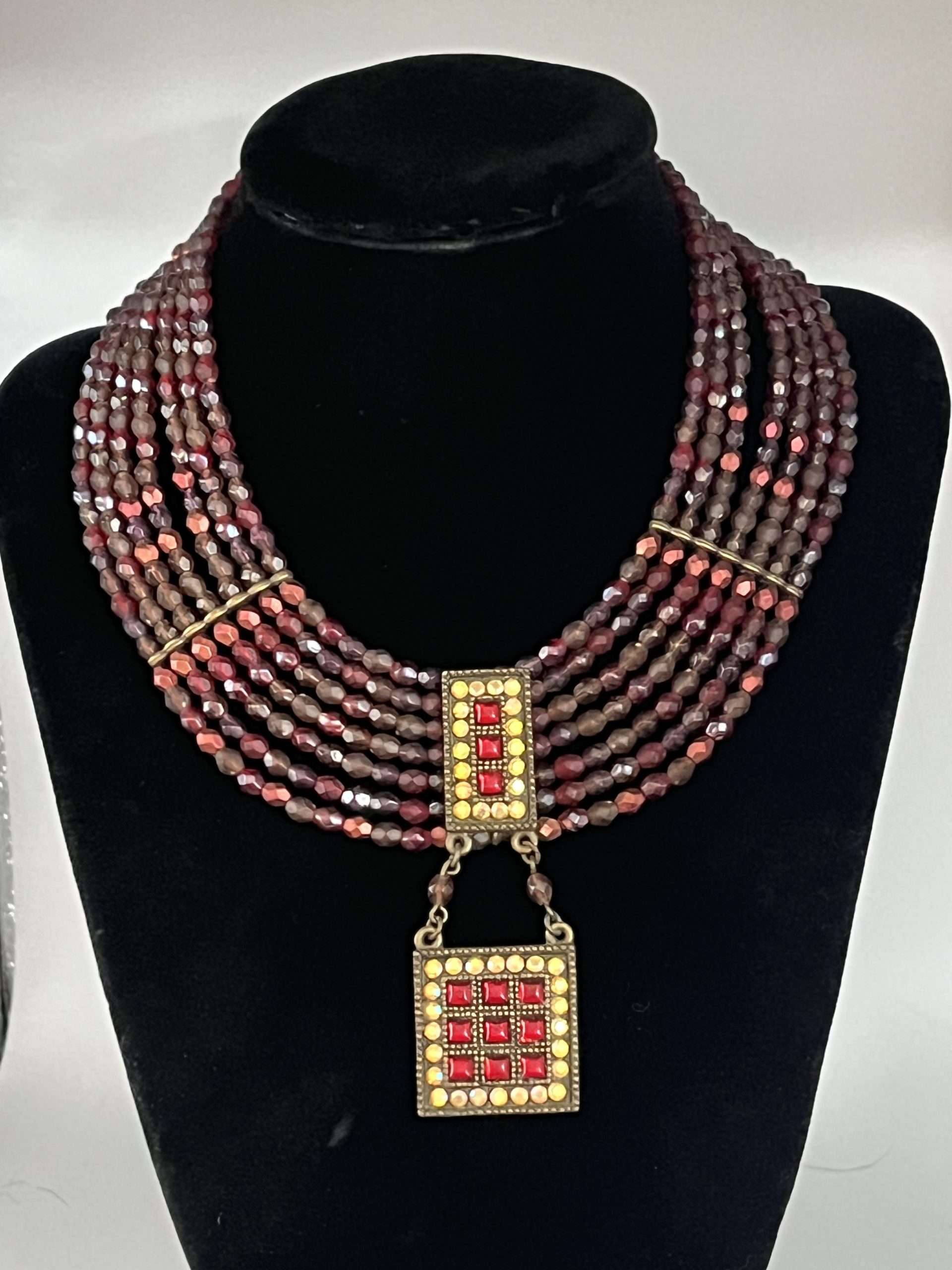Vintage Faux Garnet Choker, 7 strands and faux diamond pendant