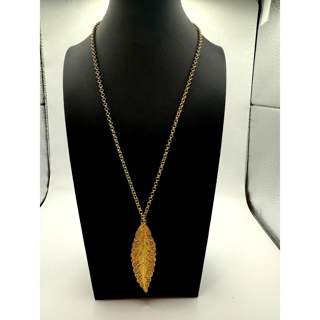 Portuguese Gold Plated Filigree Leaf Pendant Necklace