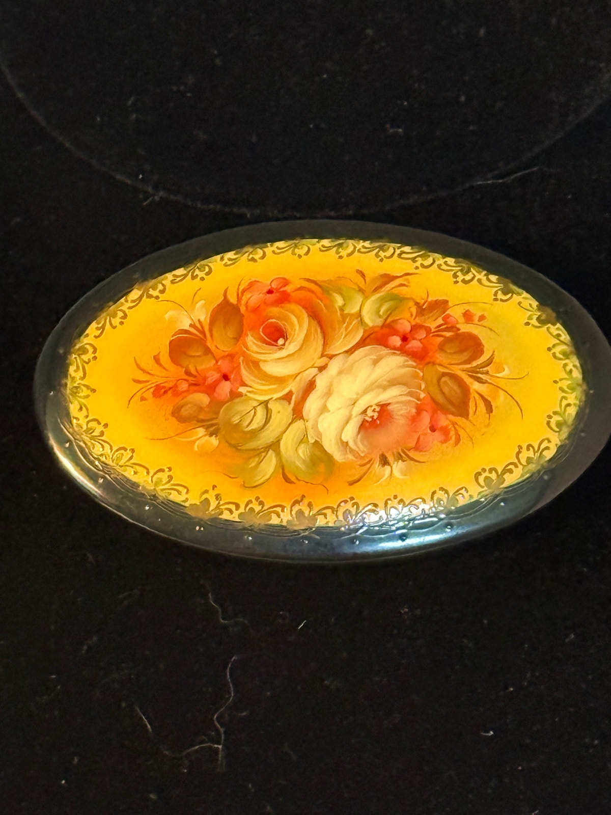 Vintage Signed Hand Painted Russian Lacquer Floral Brooch