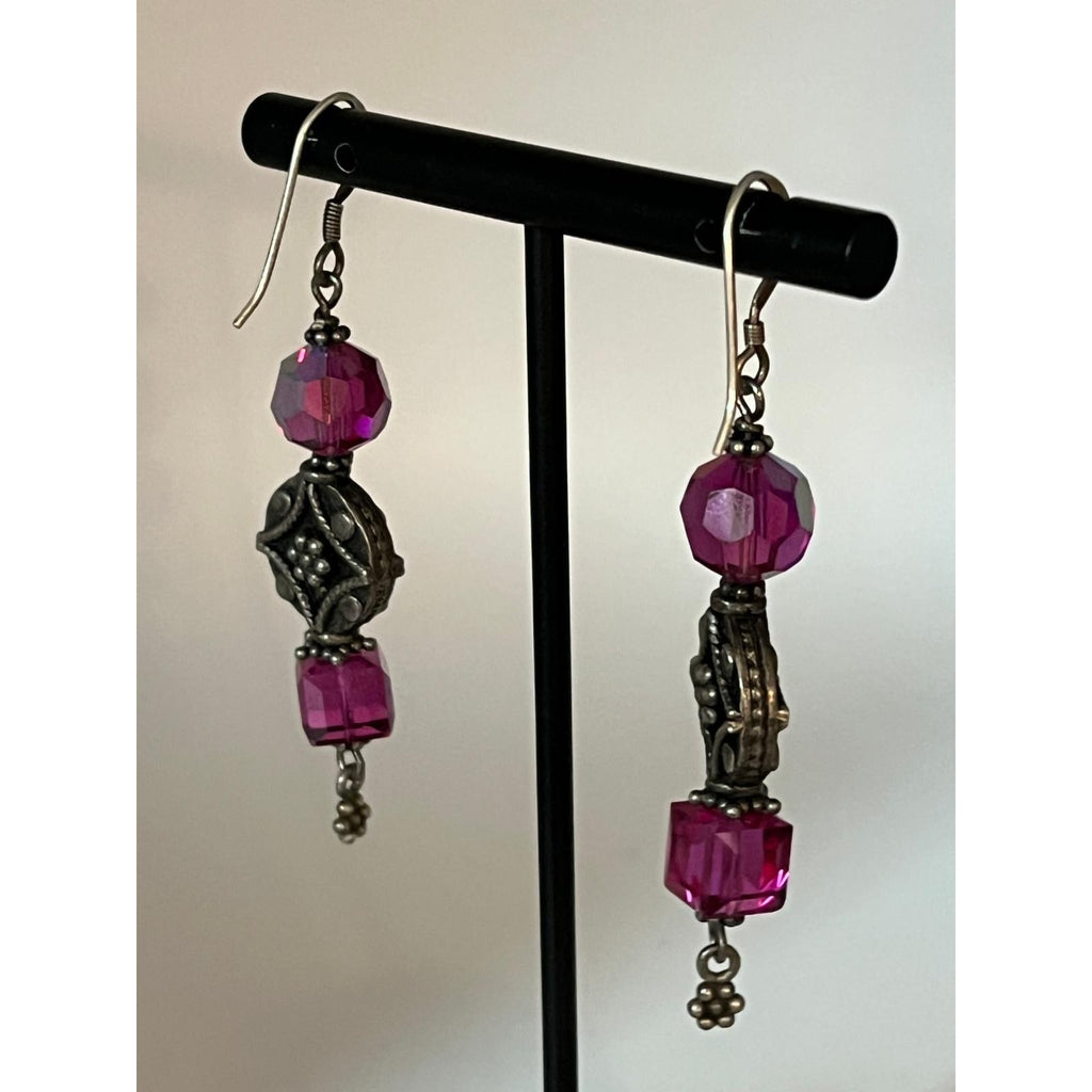 Vintage sterling silver and rose glass earrings 2 1/2"