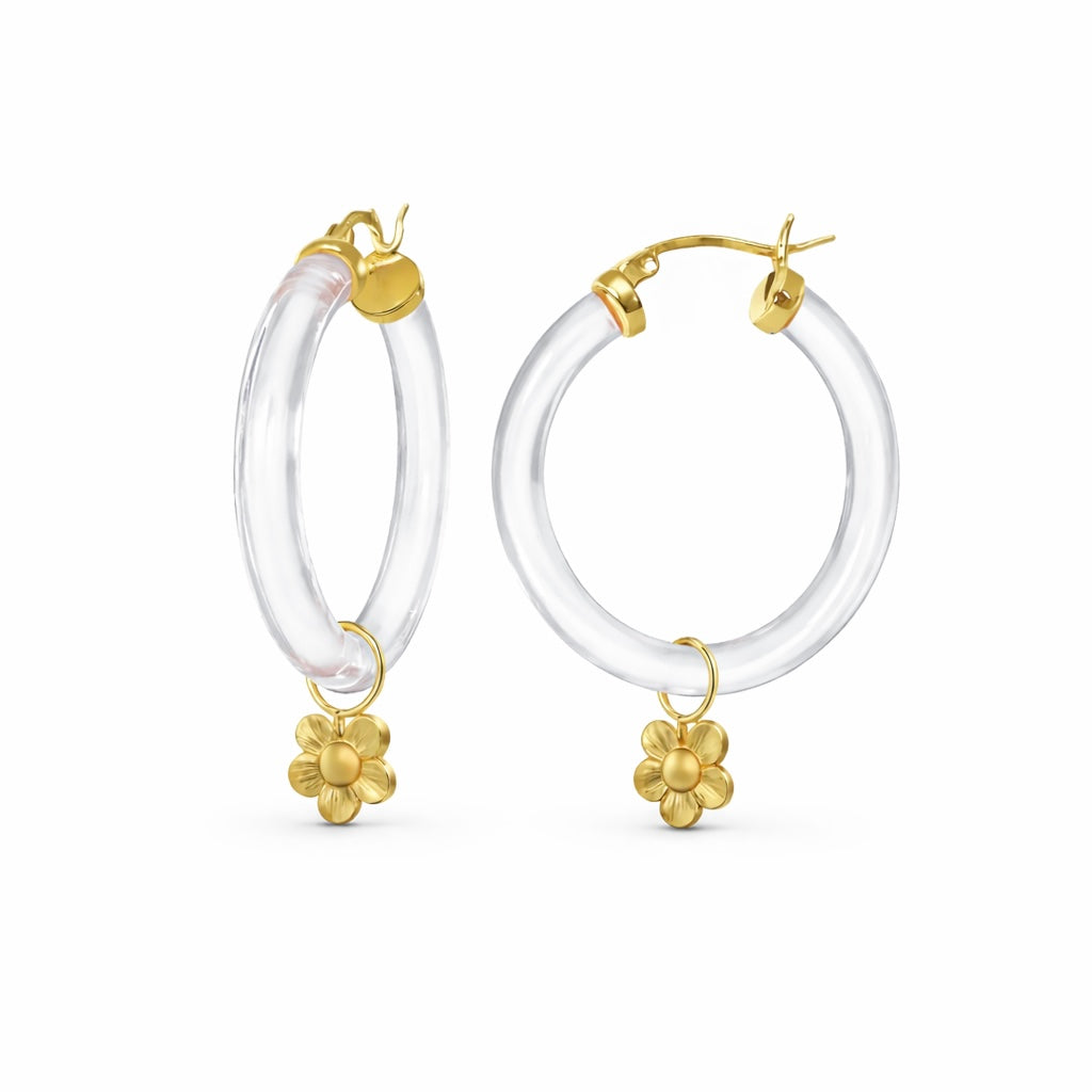 Gold & Honey Flower Charm Lucite Hoop Earrings