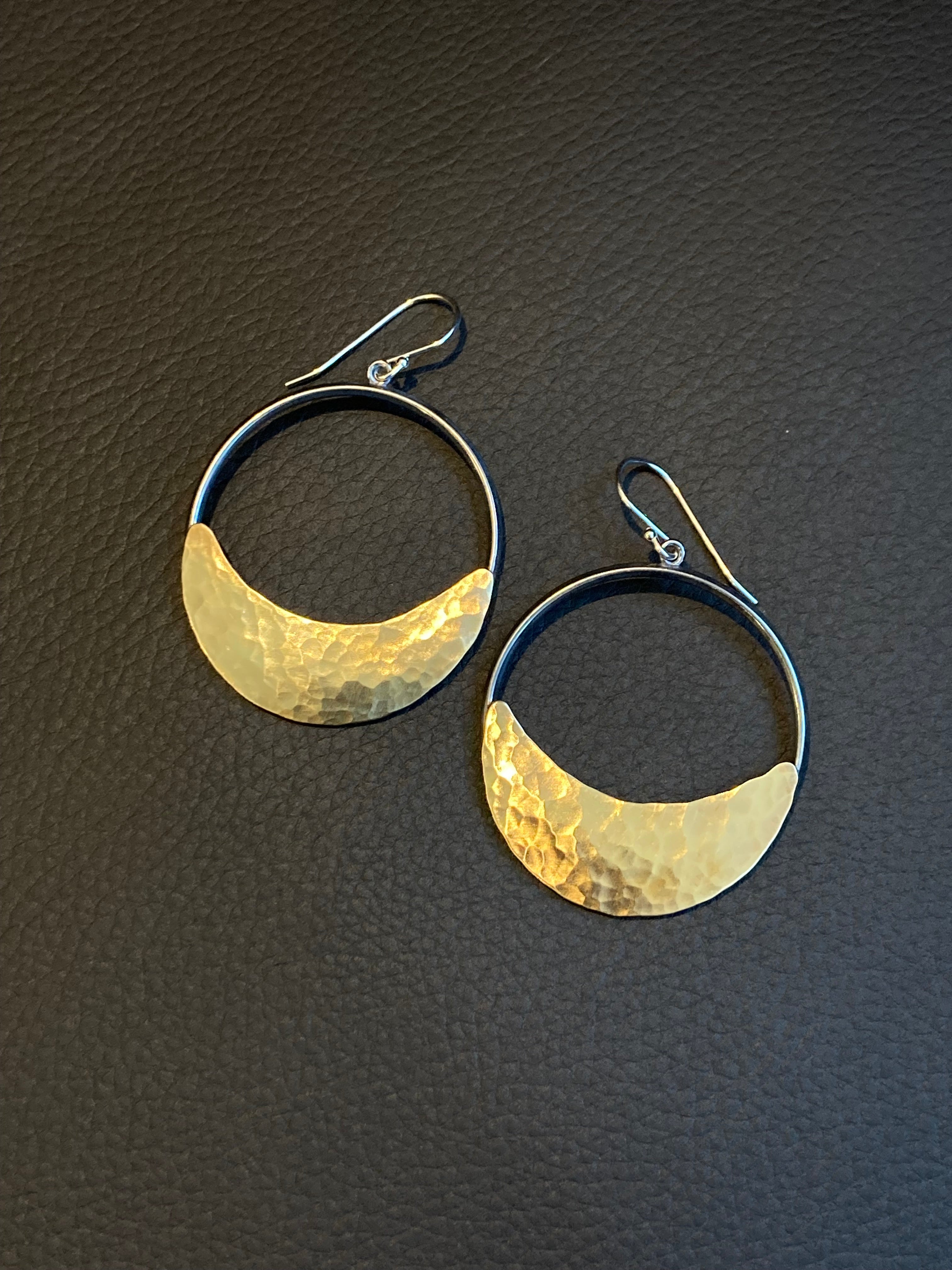 Alison Morse Crescent Moon Hoop Earrings in Oxidized Silver and Brass | Moon Phase Earrings
