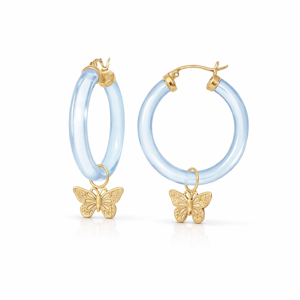 Gold & Honey Butterfly Charm Lucite Hoop Earrings