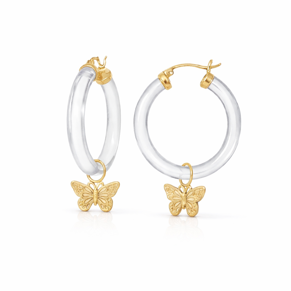 Gold & Honey Butterfly Charm Lucite Hoop Earrings