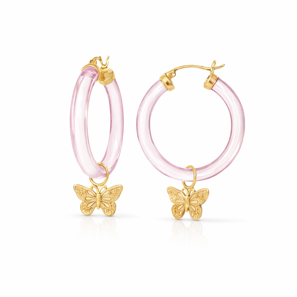 Gold & Honey Butterfly Charm Lucite Hoop Earrings