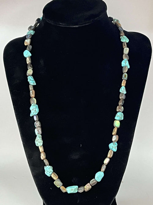 Blue Turquoise Necklace with Abalone Shell Native American Handmade