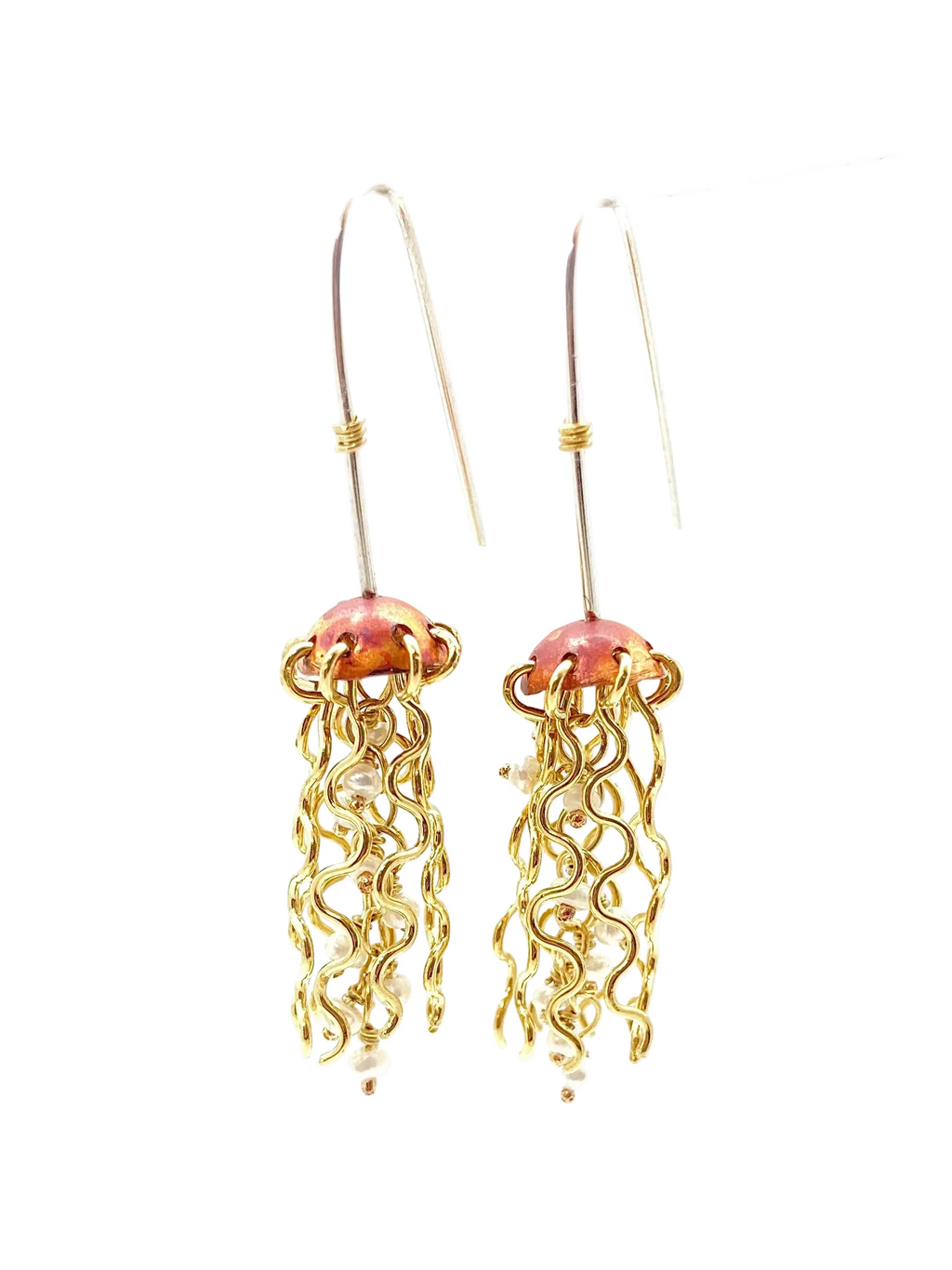 Alison Morse Mini Red Copper Jellyfish Earrings with White Pearls and Hypoallergenic Niobium Earwires