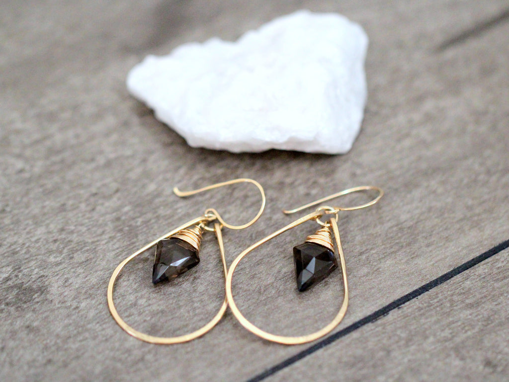 Saressa Designs Arrow Hoop Earrings - Smoky Quartz