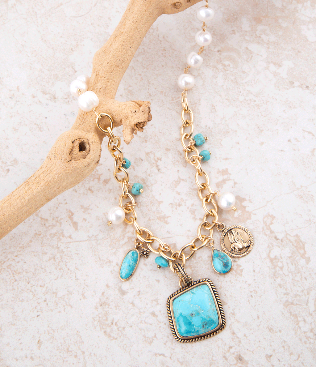 Barse Jewelry Blue Turquoise and White Pearl Multi Pendant Golden Necklace
