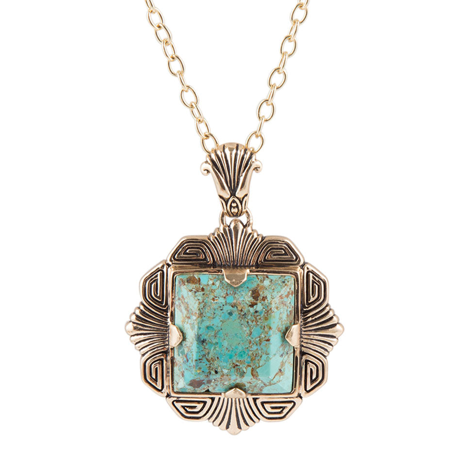 Barse Jewelry Blue Turquoise Square Golden Pendant Necklace