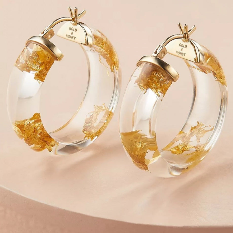 Gold & Honey Mini Gold Leaf Lucite Hoop Earrings