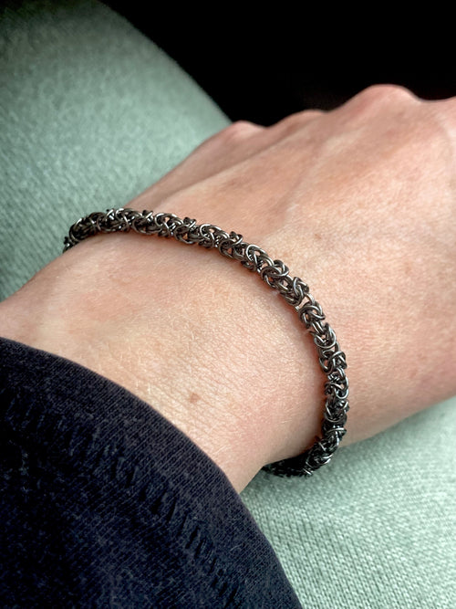 Alison Morse Delicate Byzantine Chainmaille Bracelet in Oxidized Silver